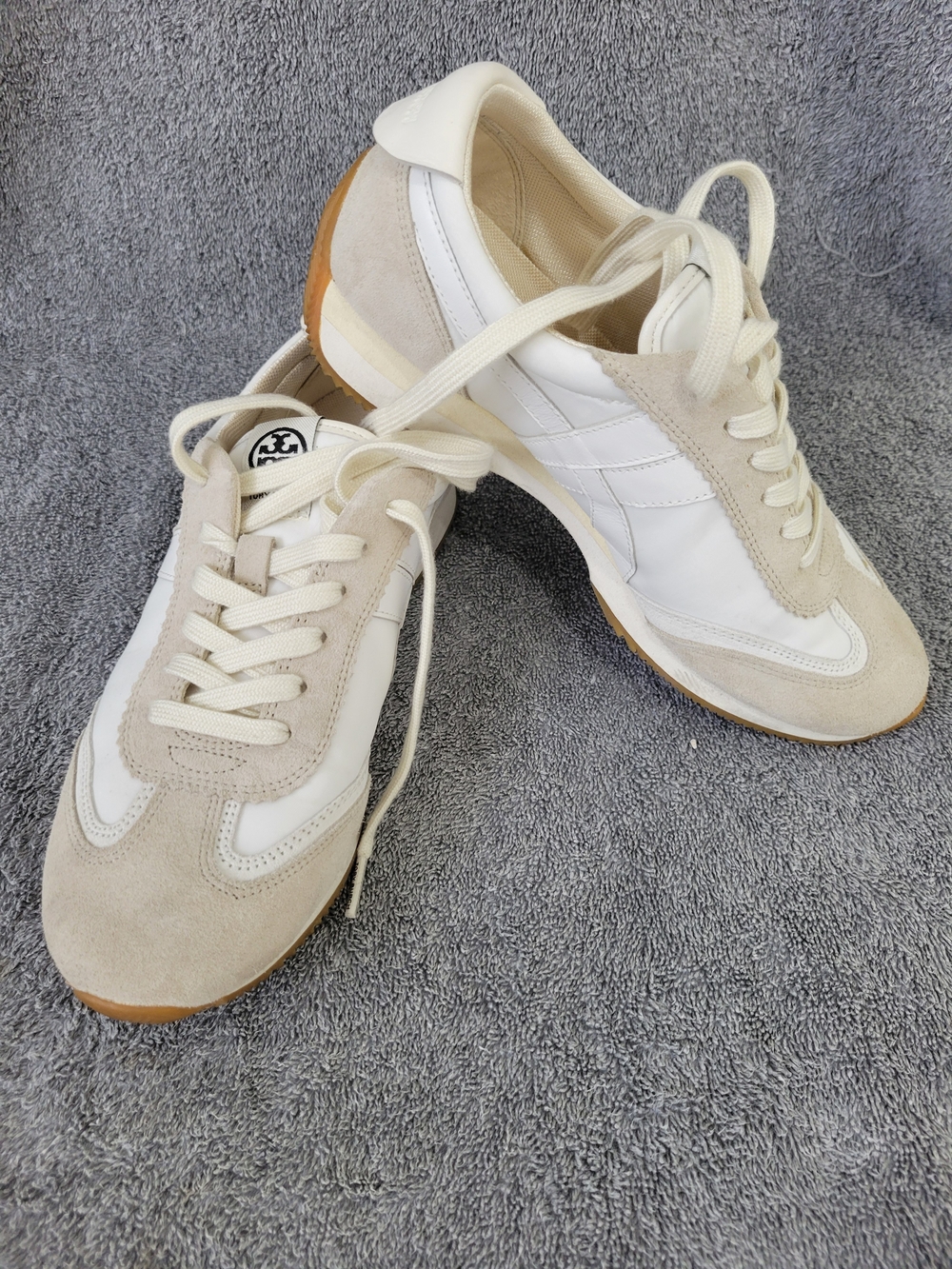 Tory Burch White and Beige Suede & Leather Sneakers